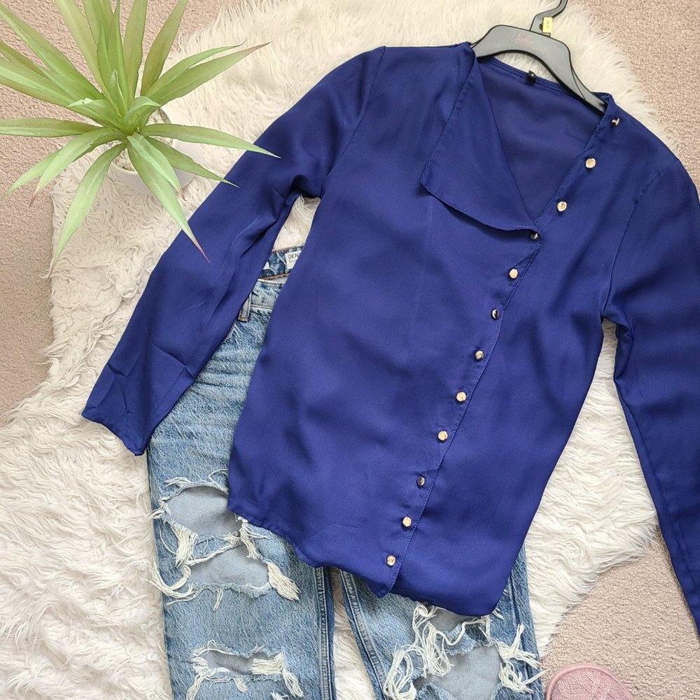 Chiffon royal blue skew collar blouse